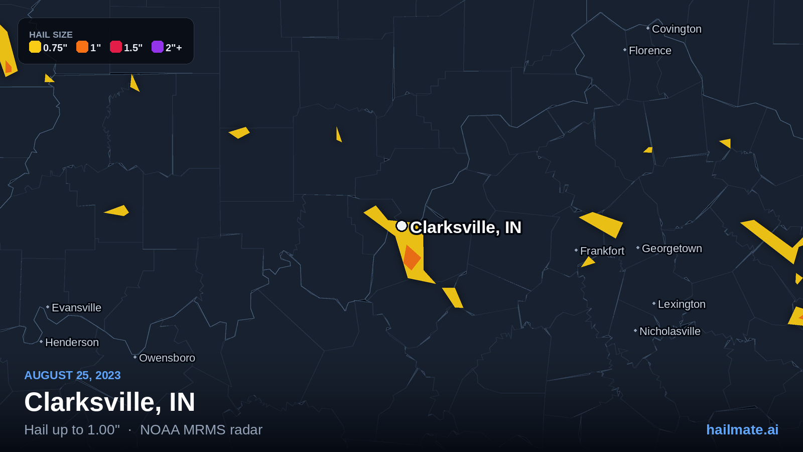 Hail swath map for Clarksville, IN on August 25, 2023 showing 1.00 inch hail.