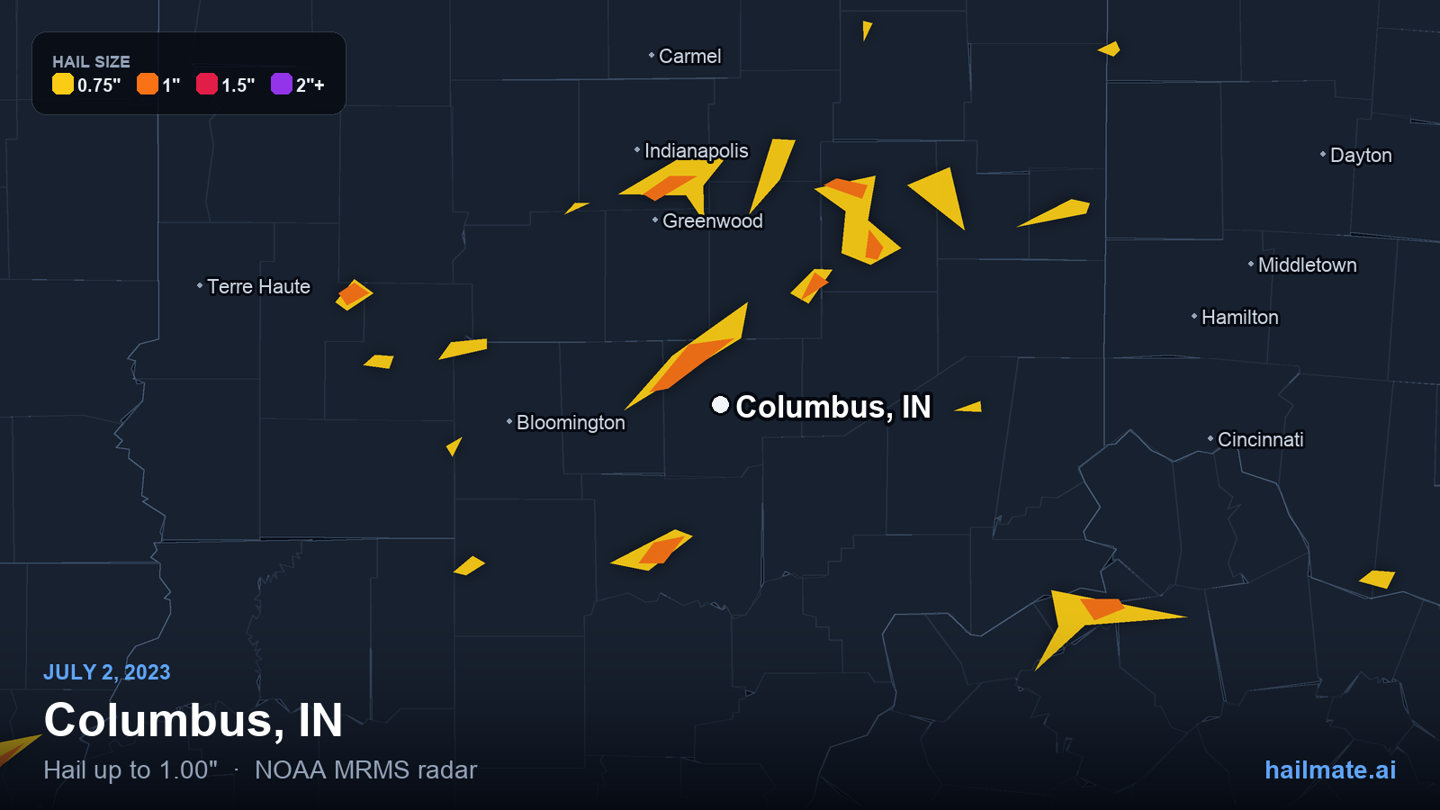 Hail swath map for Columbus, IN on July 2, 2023 showing 1.00 inch hail.