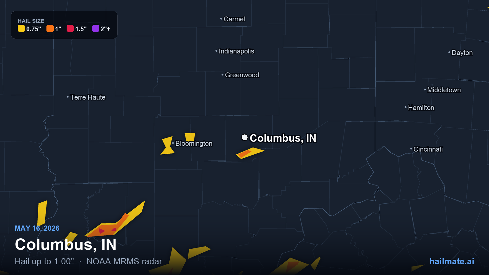 Hail swath map for Columbus, IN on May 16, 2026 showing 1.00 inch hail.