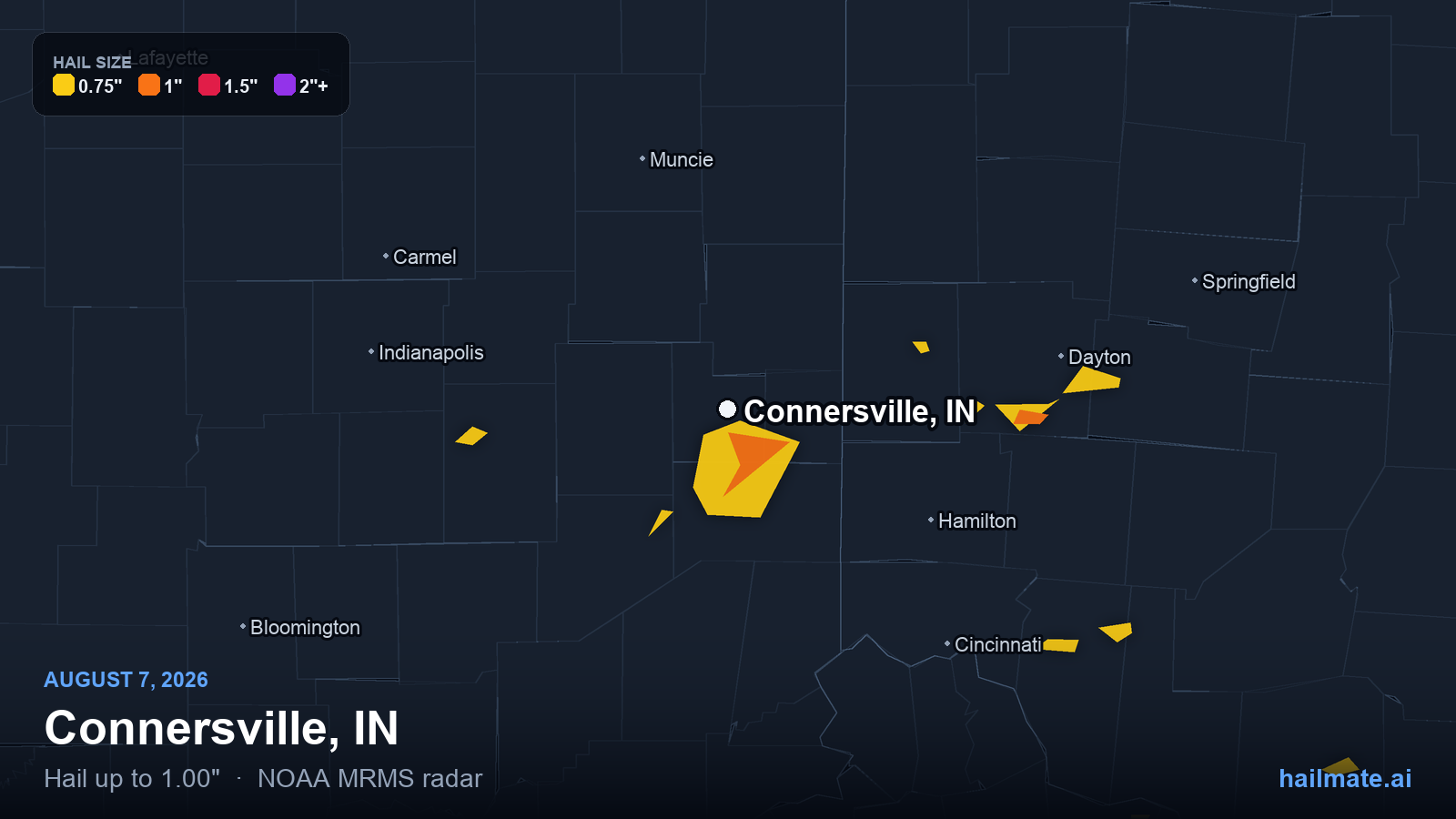 Hail swath map for Connersville, IN on August 7, 2026 showing 1.00 inch hail.