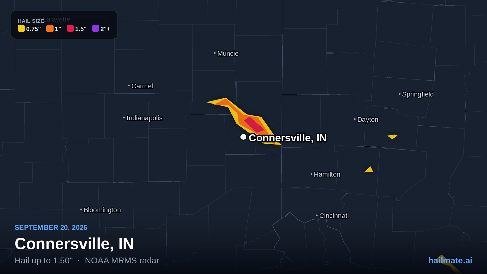 Hail swath map showing 1.50 inch hail over Connersville, Indiana on September 20, 2026.