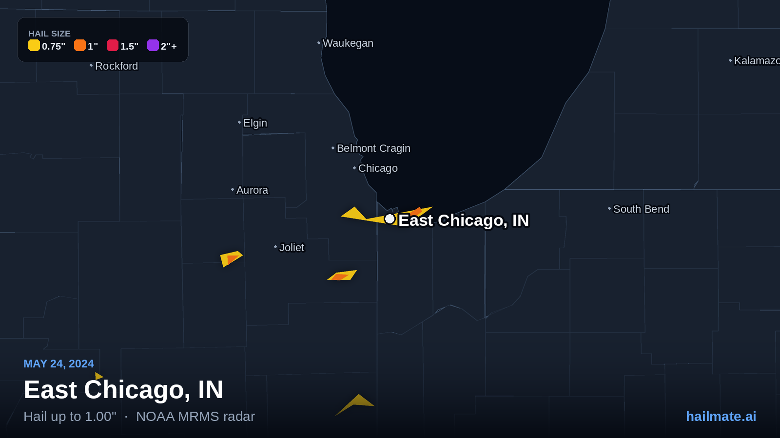 Hail swath map for East Chicago, IN on May 24, 2024 showing 1.00 inch hail.