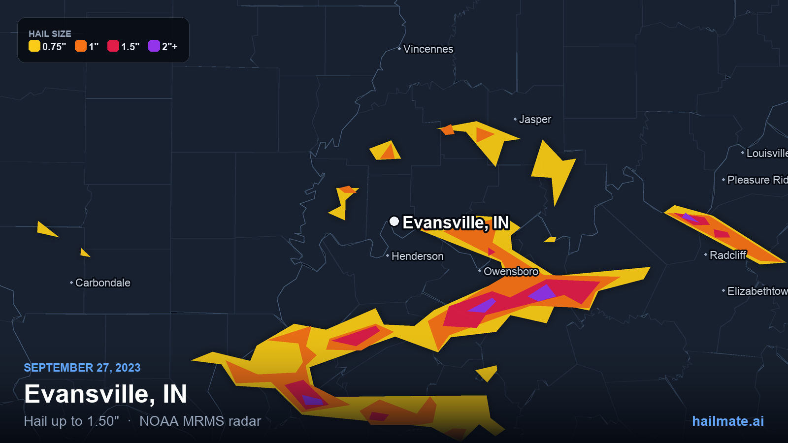 Hail swath map for Evansville, IN on September 27, 2023 showing 1.50 inch hail.