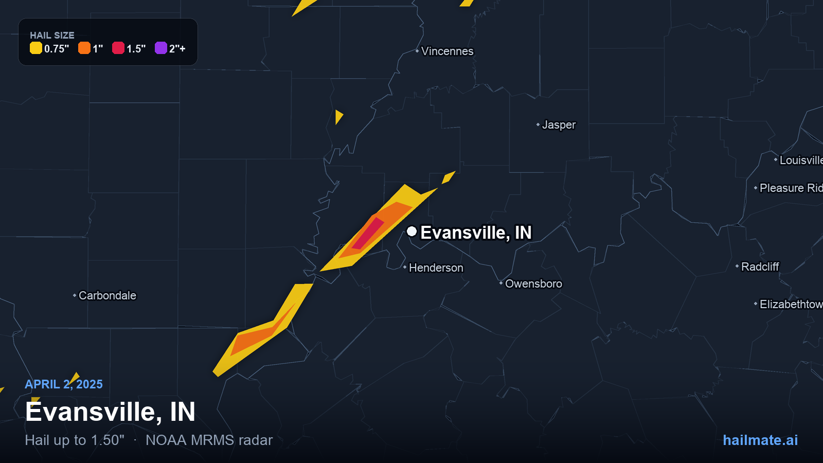 Hail swath map for Evansville, IN on April 2, 2025 showing 1.50 inch hail.
