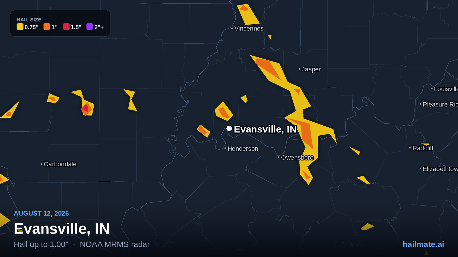 Hail swath map showing 1.00 inch hail over Evansville, Indiana on August 12, 2026.