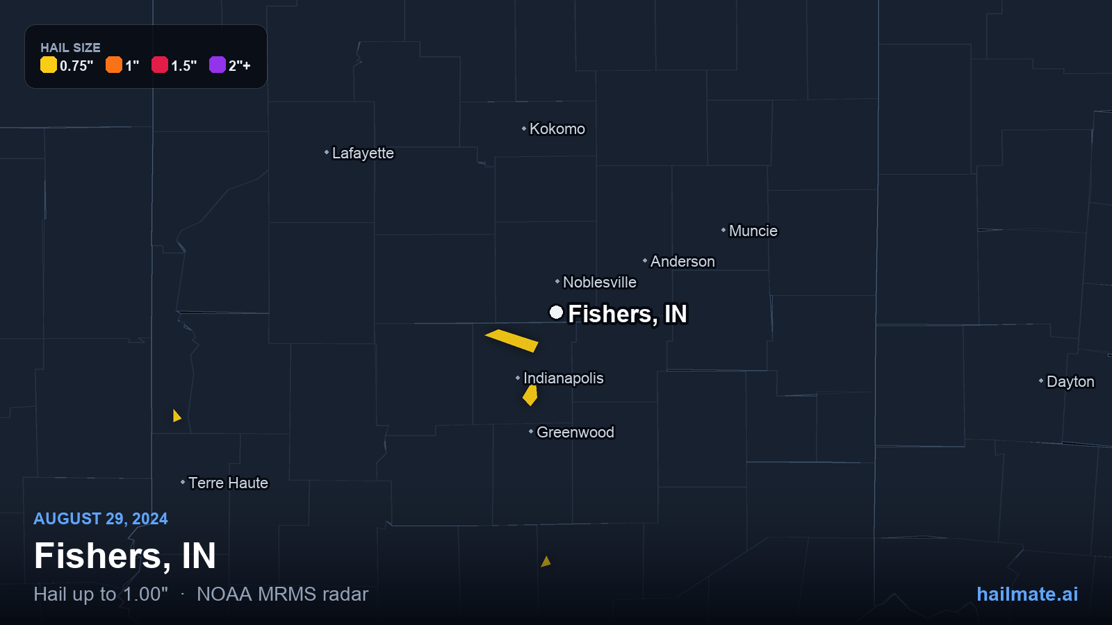 Hail swath map for Fishers, IN on August 29, 2024 showing 1.00 inch hail.