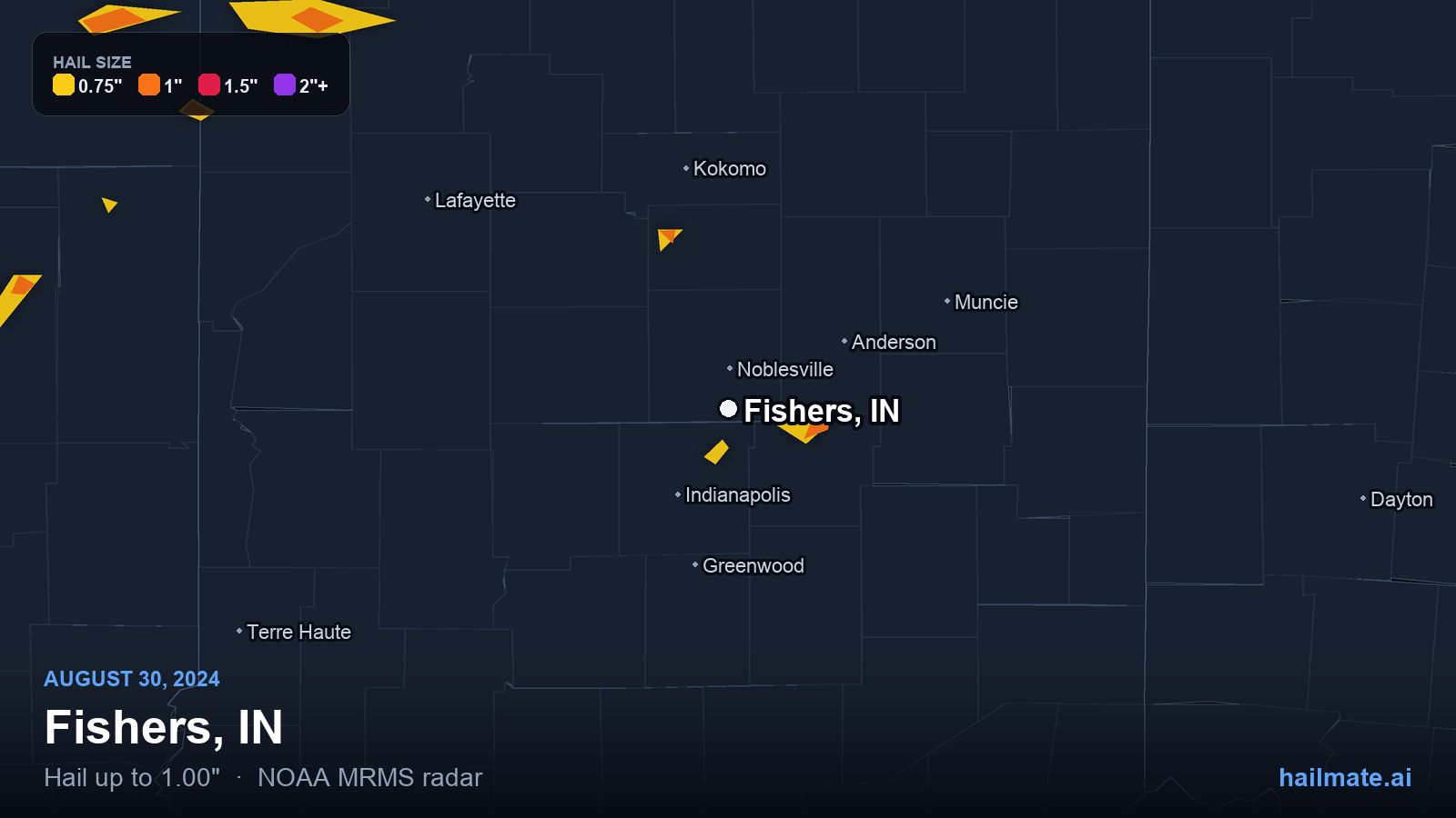 Hail swath map for Fishers, IN on August 30, 2024 showing 1.00 inch hail.