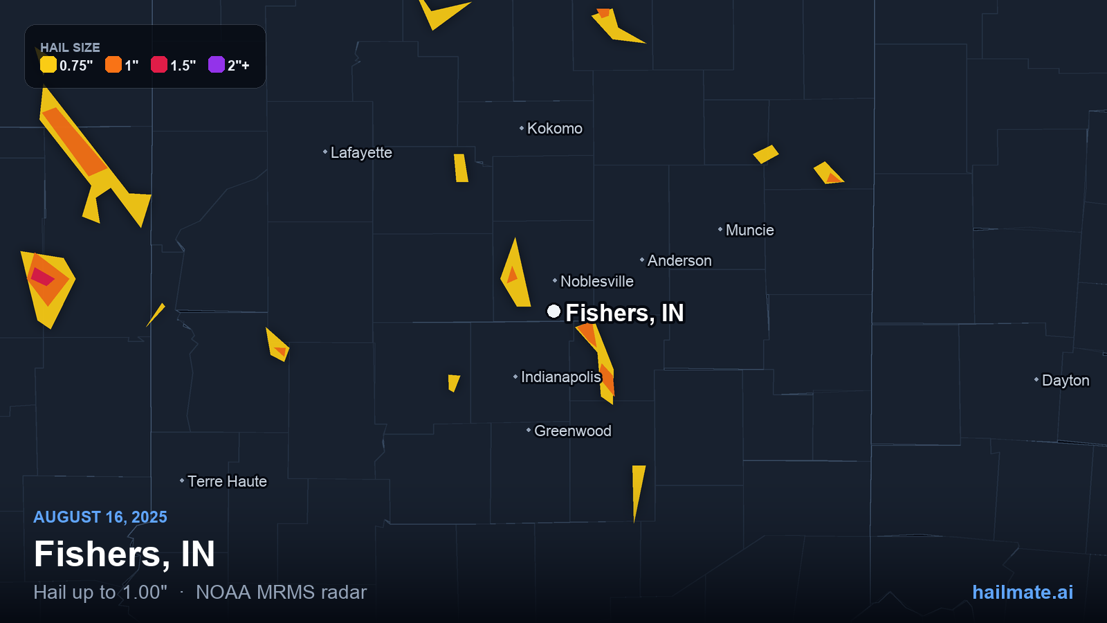 Hail swath map for Fishers, IN on August 16, 2025 showing 1.00 inch hail.