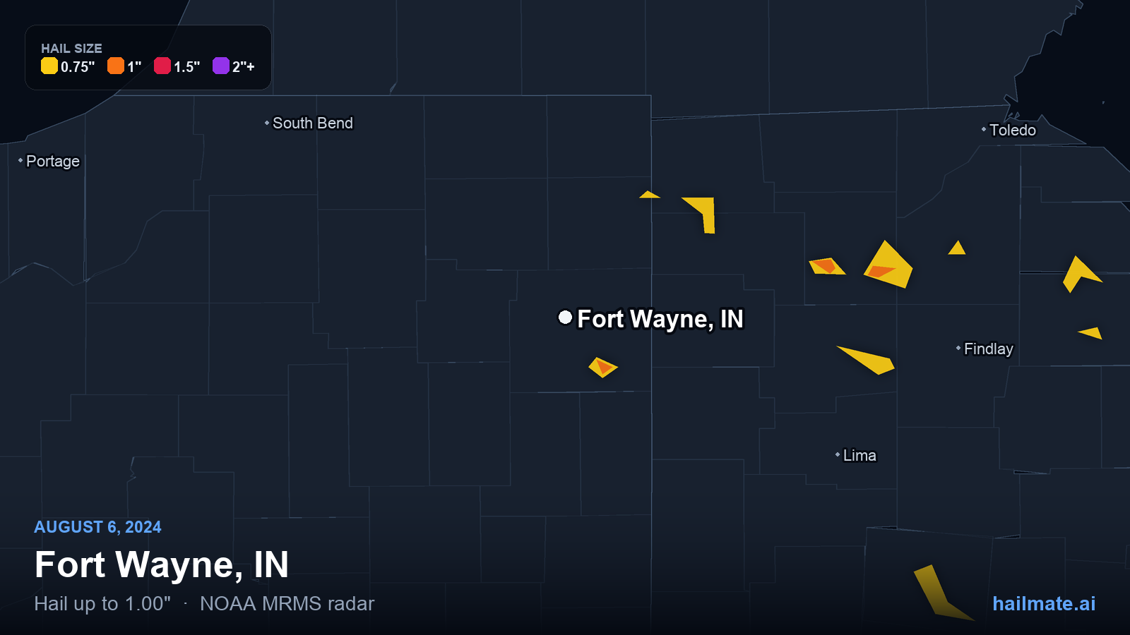 Hail swath map for Fort Wayne, IN on August 6, 2024 showing 1.00 inch hail.