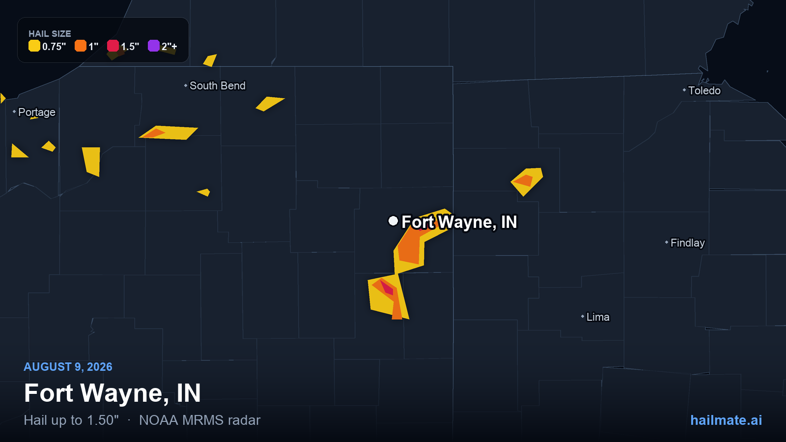 Hail swath map for Fort Wayne, IN on August 9, 2026 showing 1.50 inch hail.