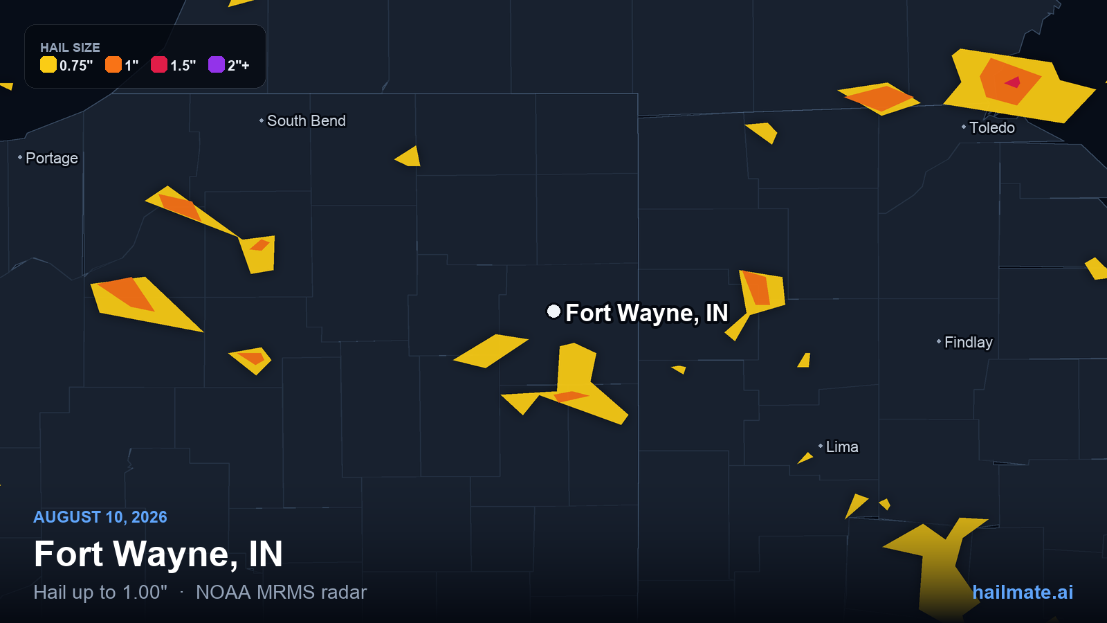 Hail swath map for Fort Wayne, IN on August 10, 2026 showing 1.00 inch hail.