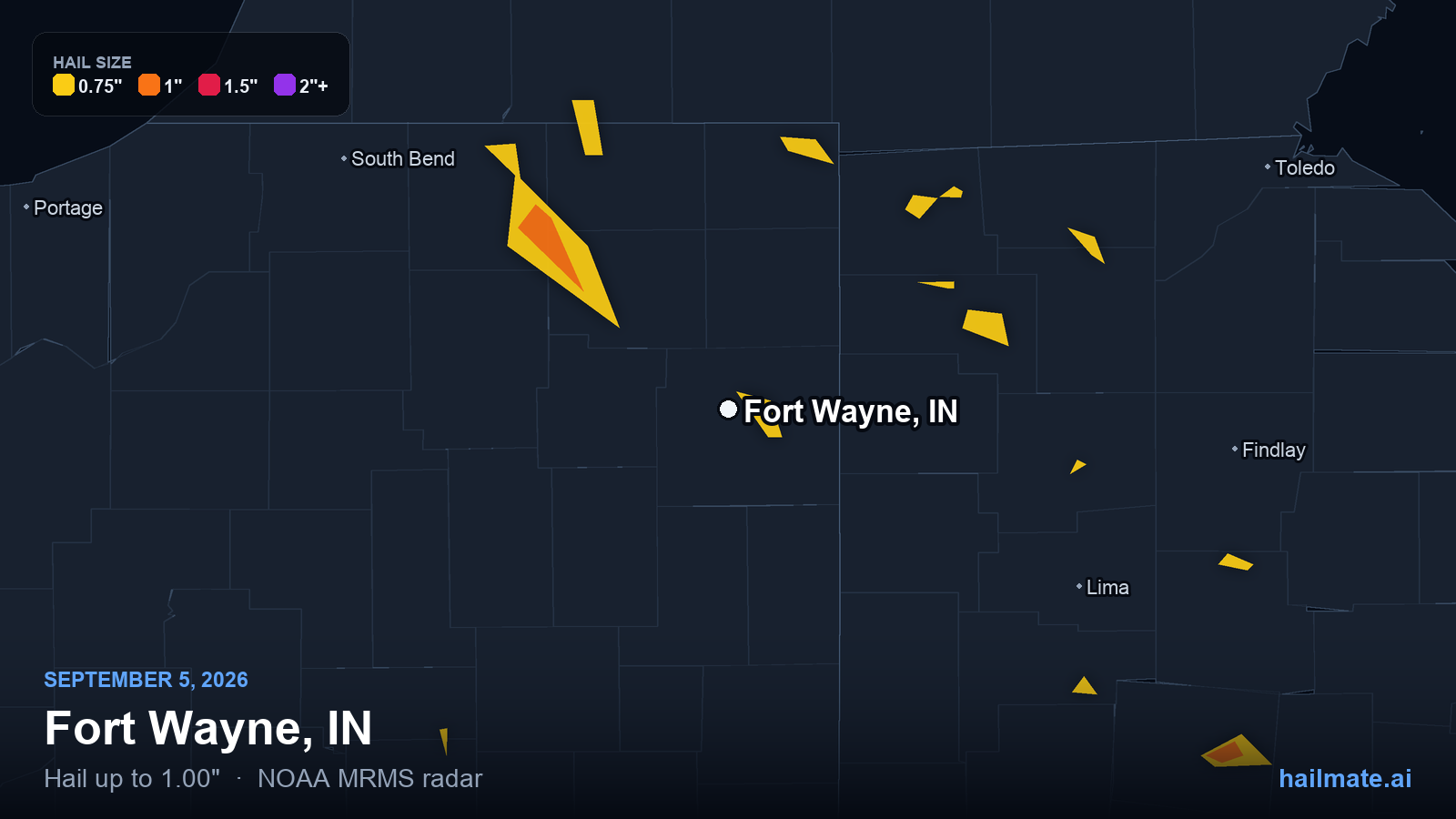 Hail swath map for Fort Wayne, IN on September 5, 2026 showing 1.00 inch hail.