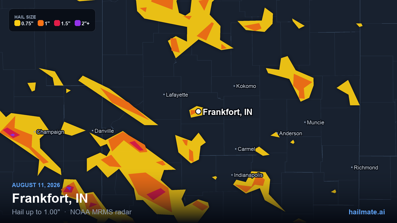 Hail swath map for Frankfort, IN on August 11, 2026 showing 1.00 inch hail.