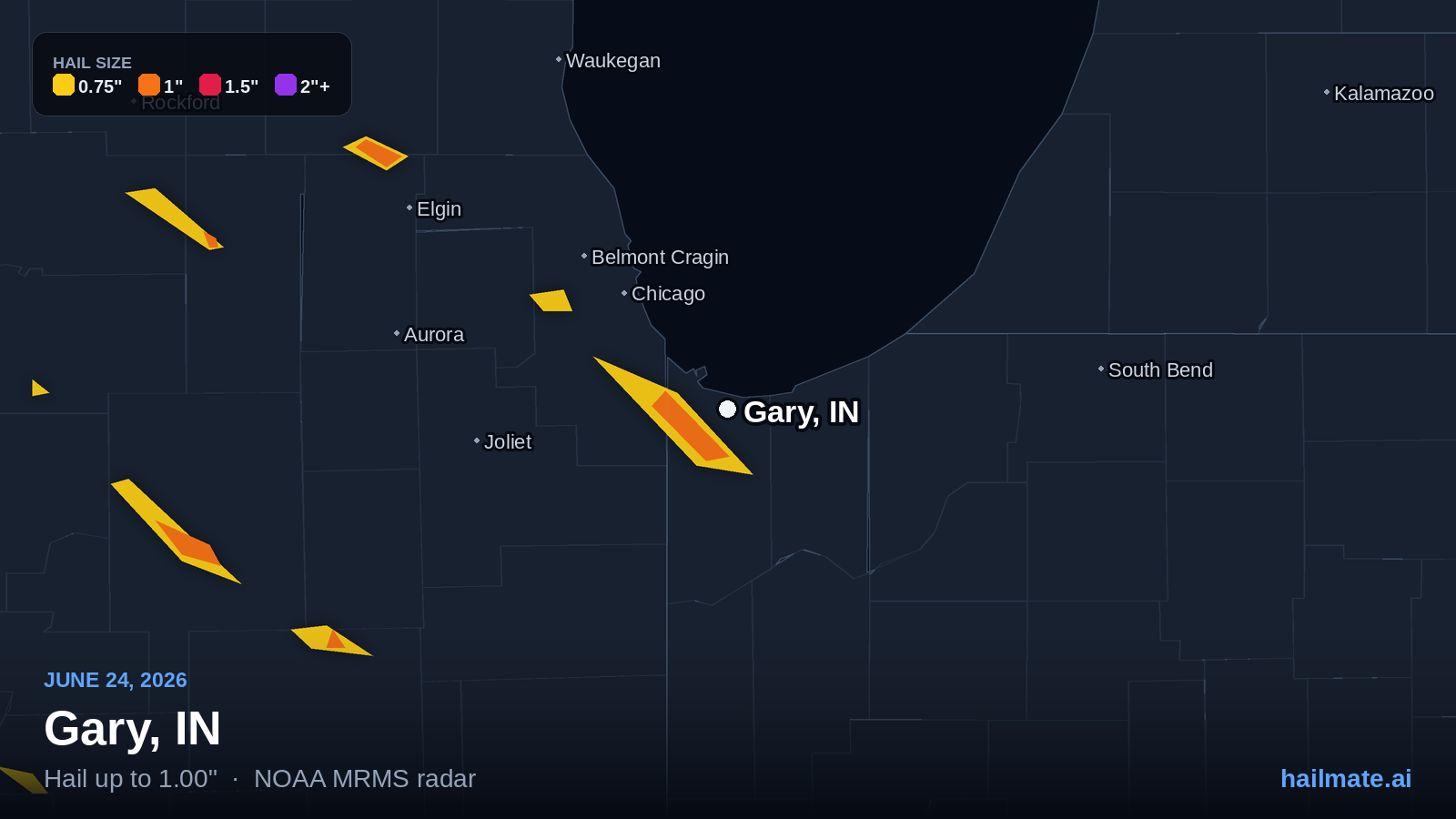 Hail swath map for Gary, IN on June 24, 2026 showing 1.00 inch hail.