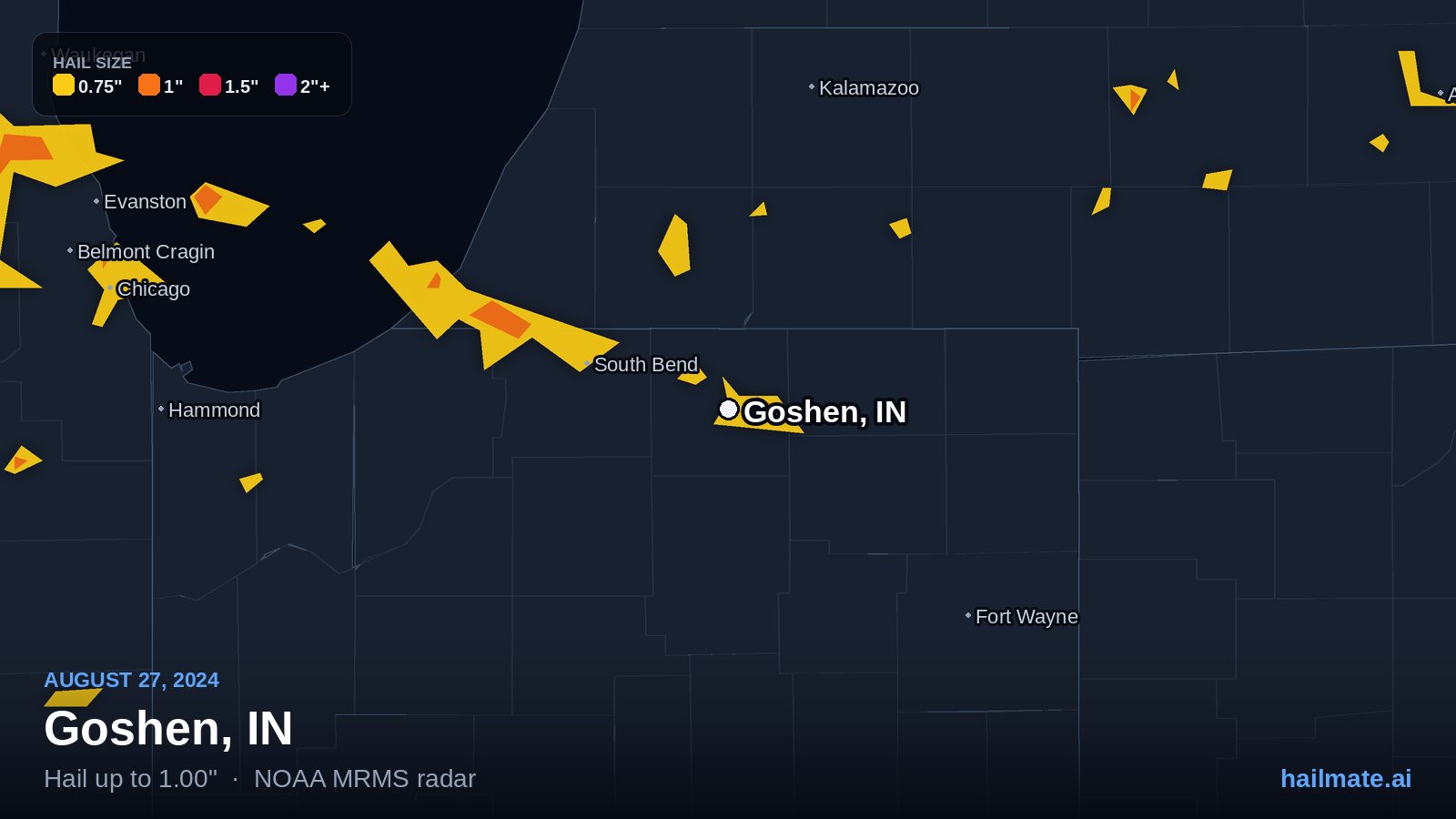 Hail swath map for Goshen, IN on August 27, 2024 showing 1.00 inch hail.