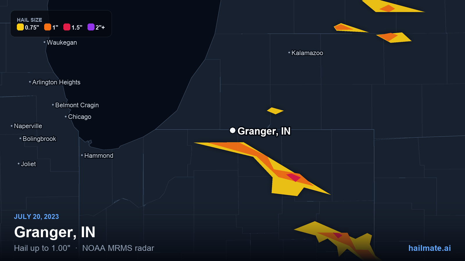Hail swath map for Granger, IN on July 20, 2023 showing 1.00 inch hail.