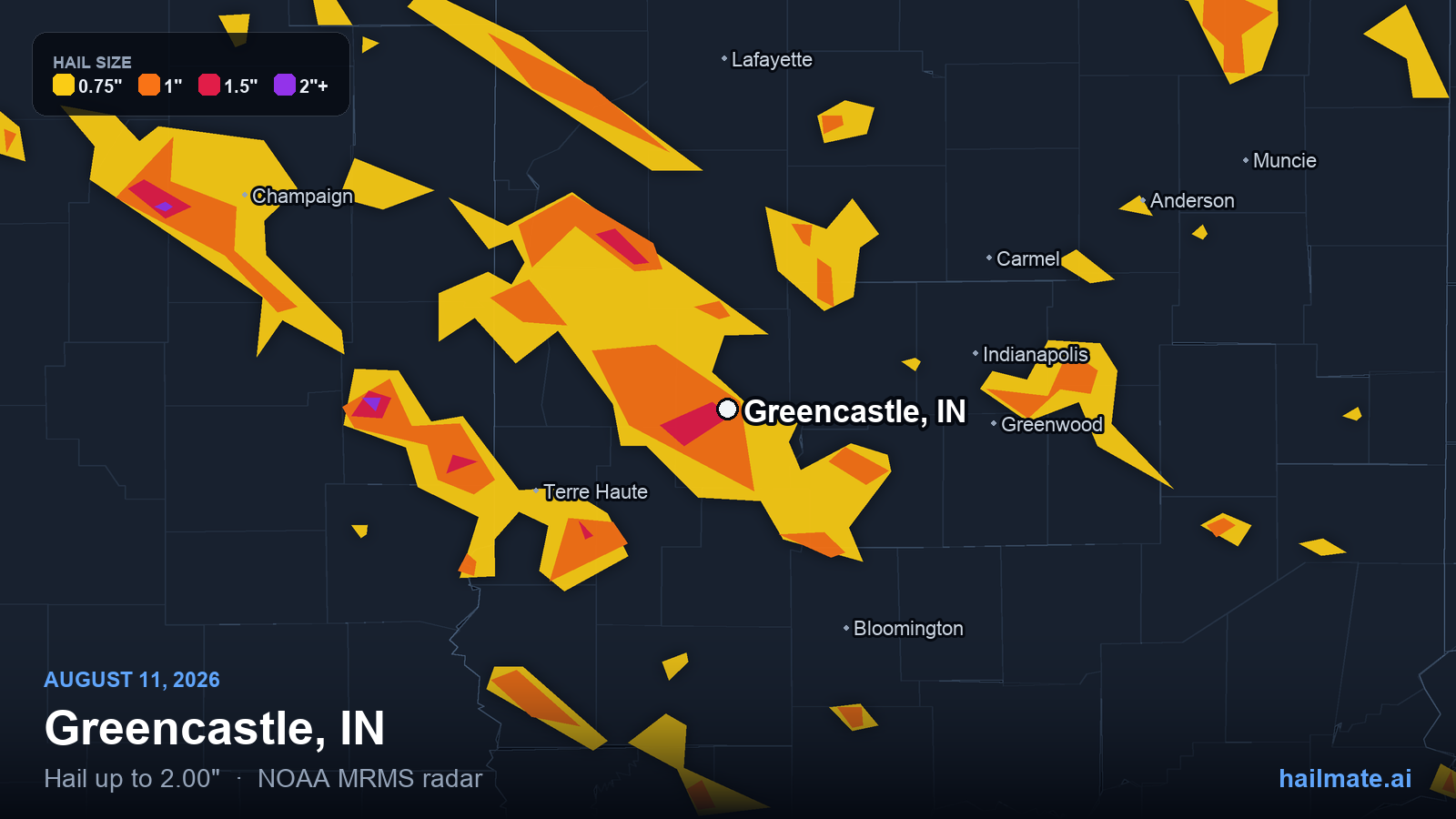 Hail swath map for Greencastle, IN on August 11, 2026 showing 2.00 inch hail.