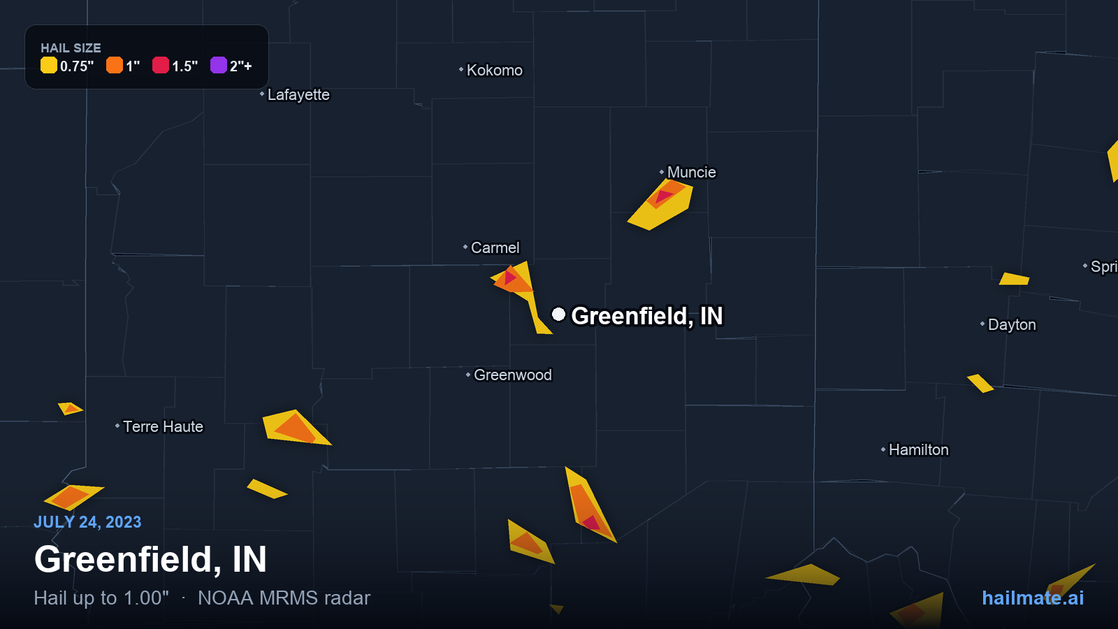 Hail swath map for Greenfield, IN on July 24, 2023 showing 1.00 inch hail.