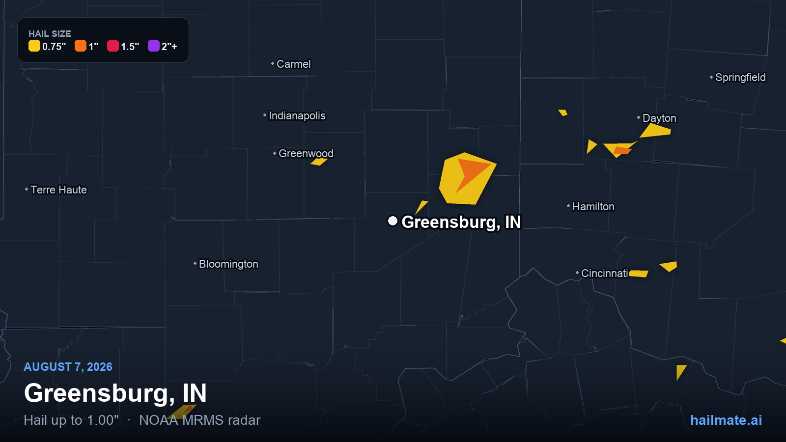 Hail swath map for Greensburg, IN on August 7, 2026 showing 1.00 inch hail.