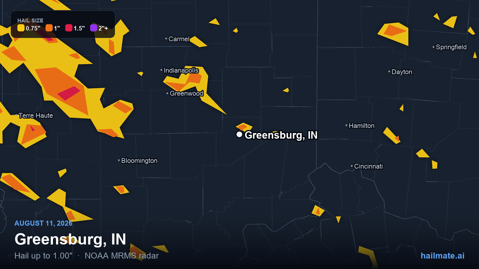 Hail swath map for Greensburg, IN on August 11, 2026 showing 1.00 inch hail.