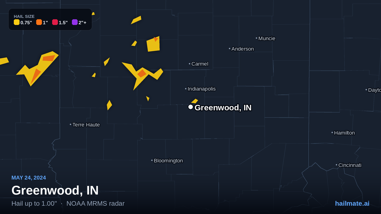 Hail swath map for Greenwood, IN on May 24, 2024 showing 1.00 inch hail.