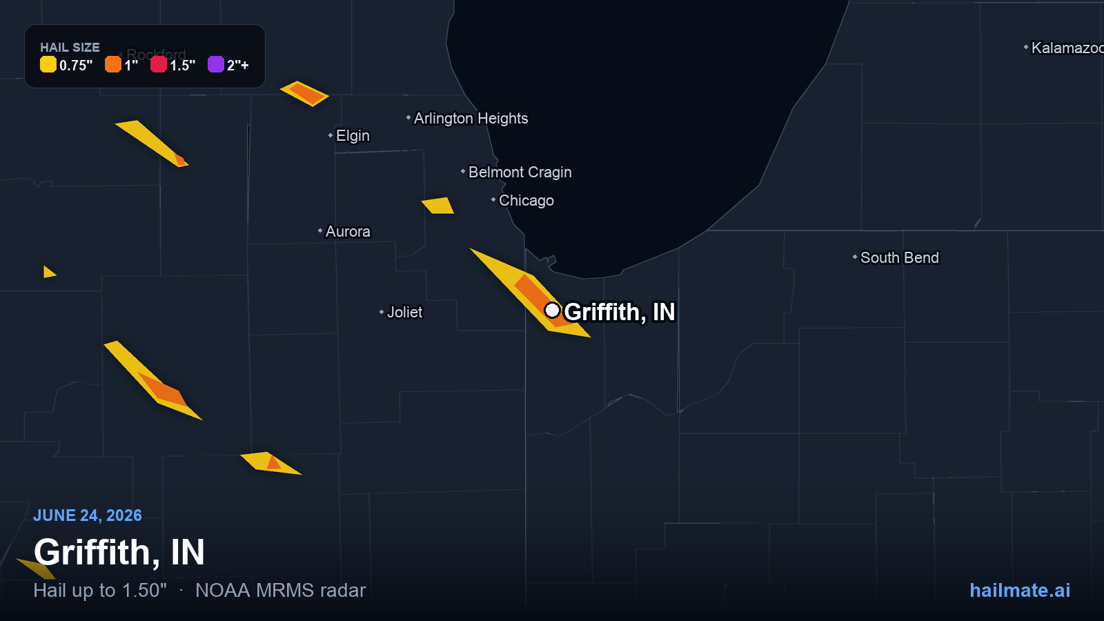 Hail swath map for Griffith, IN on June 24, 2026 showing 1.50 inch hail.