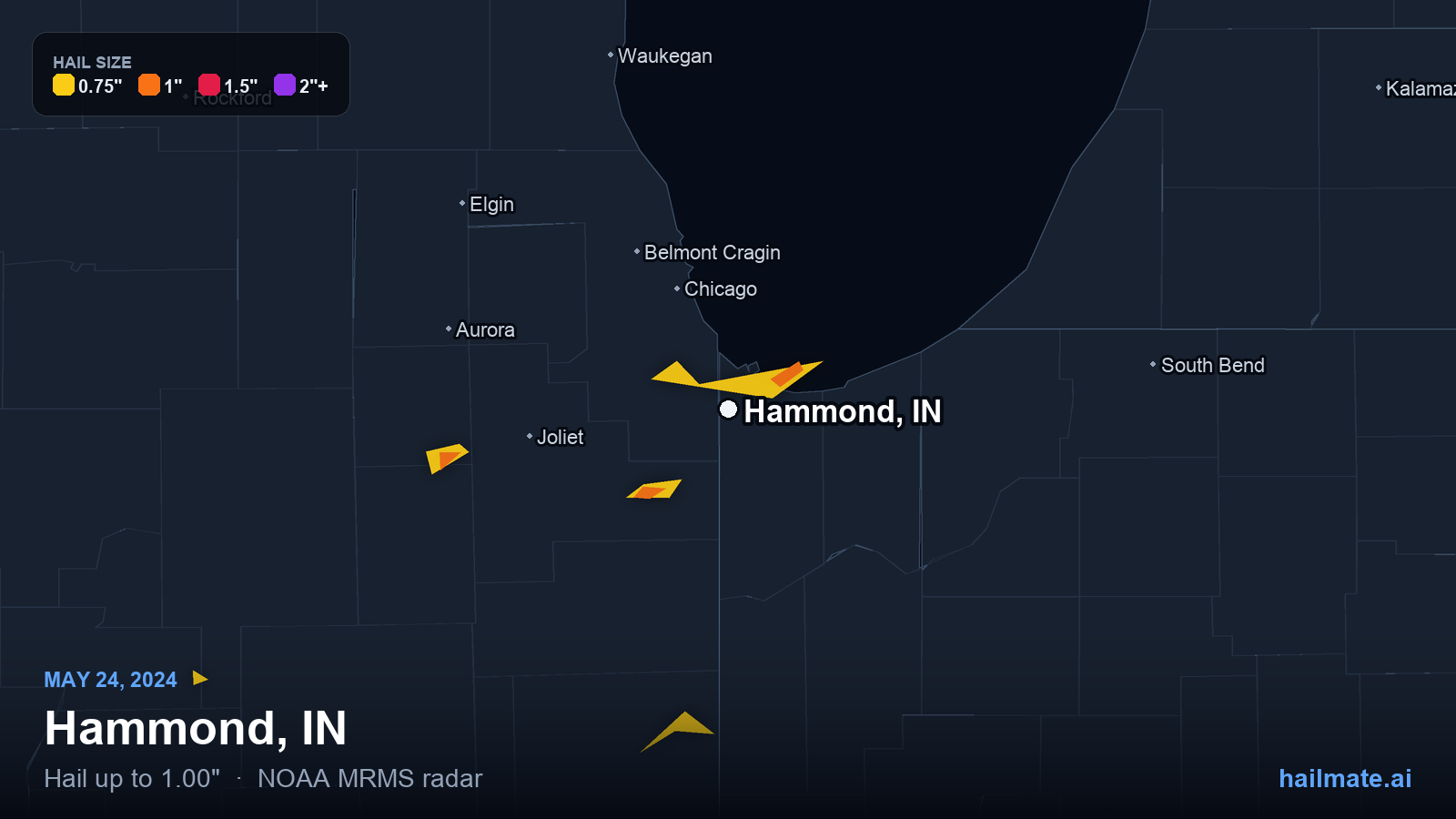 Hail swath map for Hammond, IN on May 24, 2024 showing 1.00 inch hail.