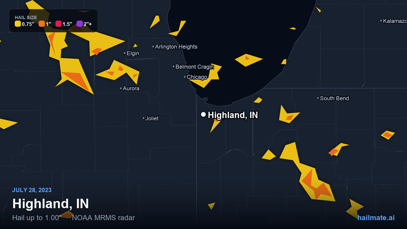 Hail swath map for Highland, IN on July 28, 2023 showing 1.00 inch hail.