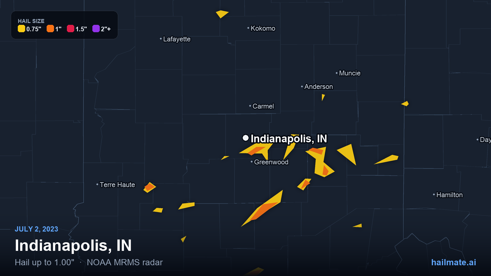 Hail swath map for Indianapolis, IN on July 2, 2023 showing 1.00 inch hail.