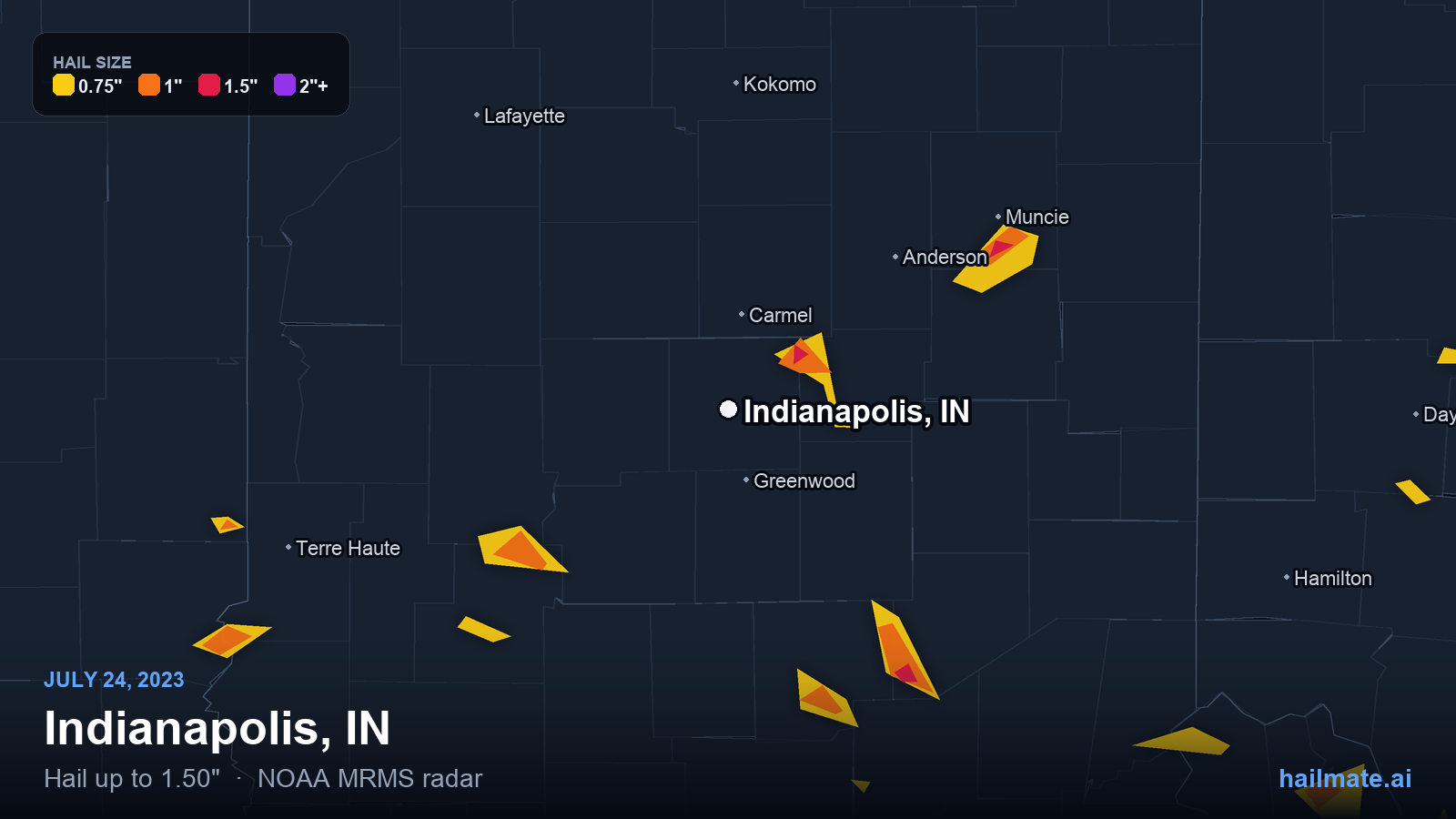 Hail swath map for Indianapolis, IN on July 24, 2023 showing 1.50 inch hail.