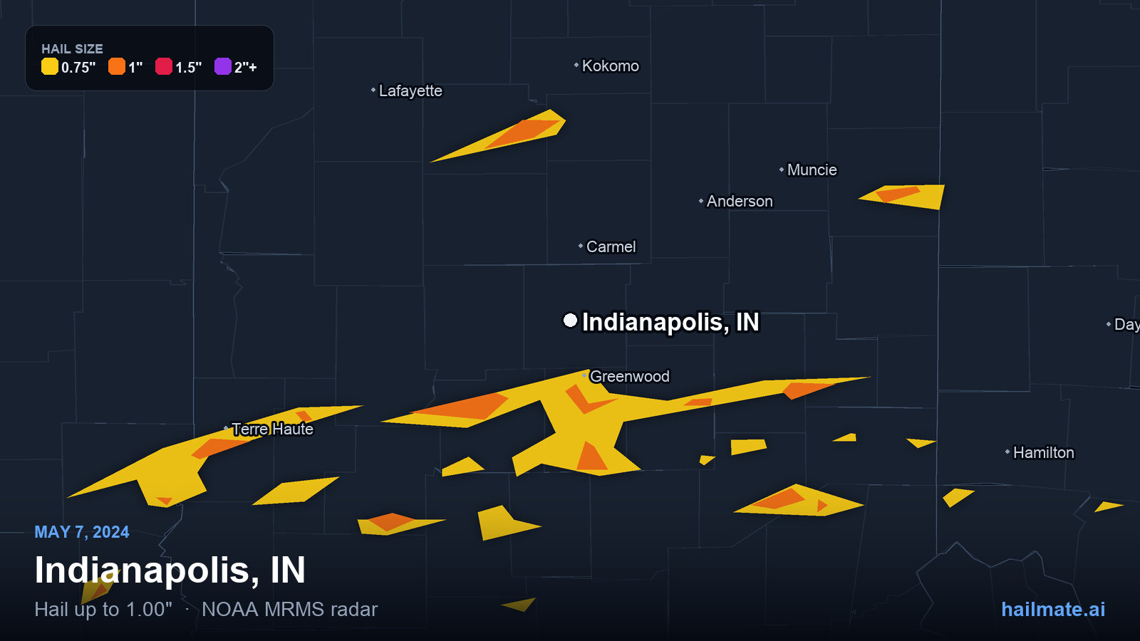 Hail swath map for Indianapolis, IN on May 7, 2024 showing 1.00 inch hail.