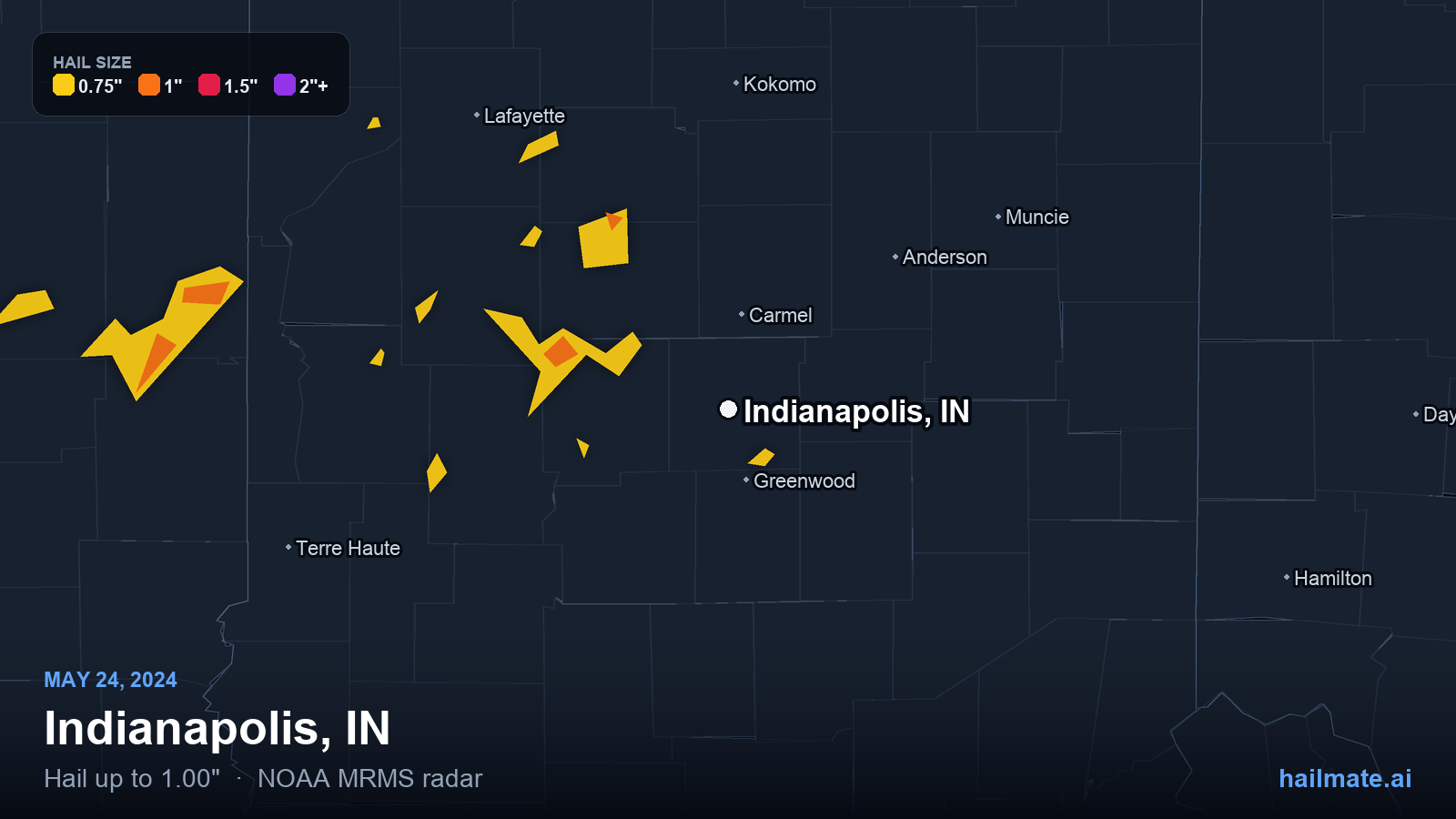 Hail swath map for Indianapolis, IN on May 24, 2024 showing 1.00 inch hail.