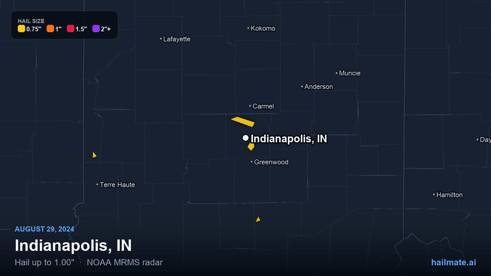 Hail swath map for Indianapolis, IN on August 29, 2024 showing 1.00 inch hail.