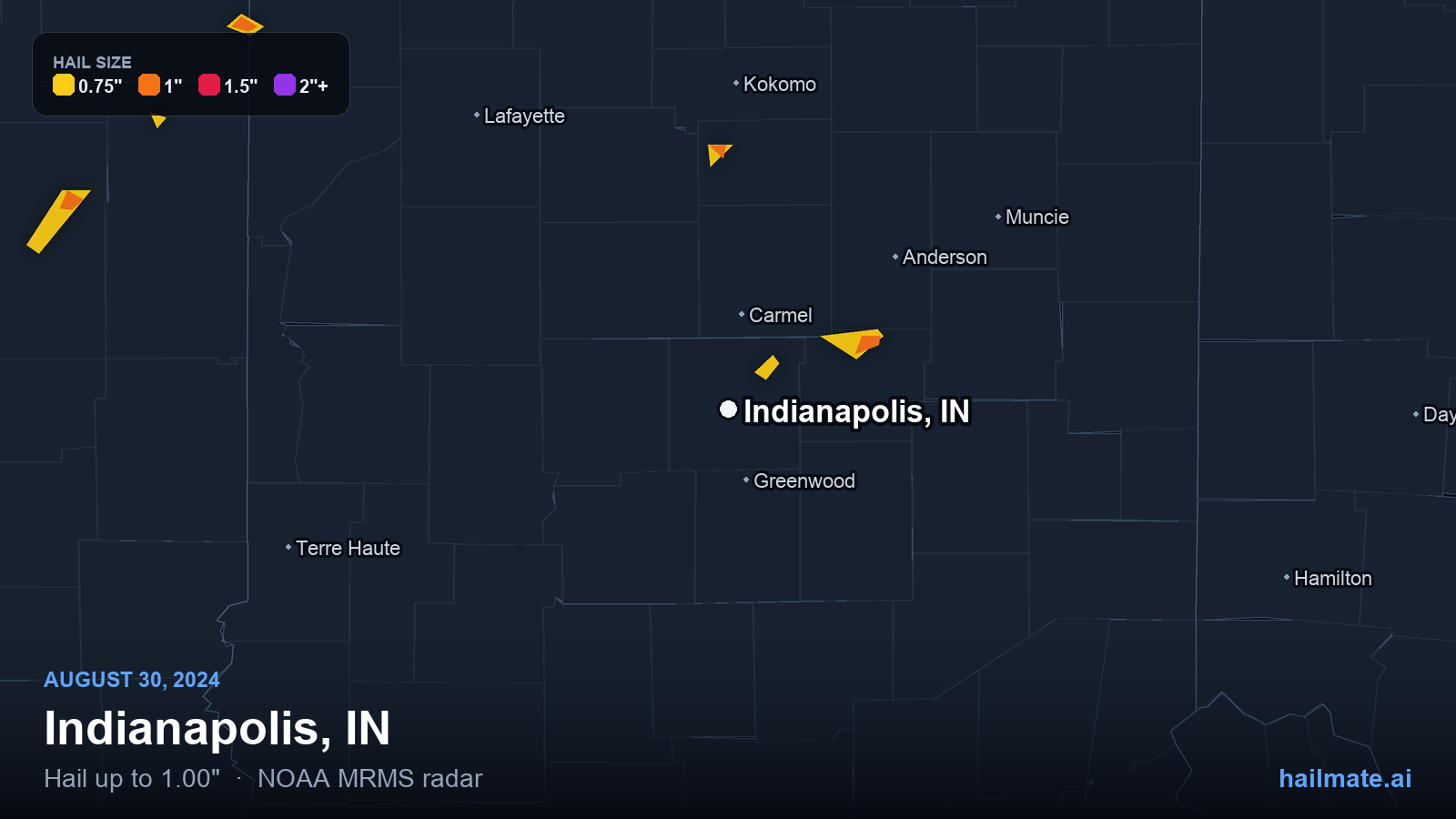 Hail swath map for Indianapolis, IN on August 30, 2024 showing 1.00 inch hail.