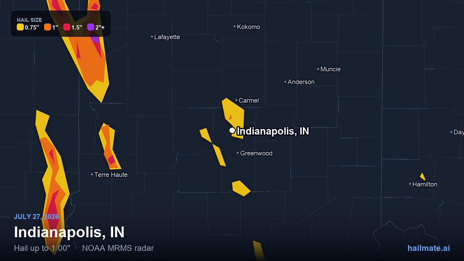 Hail swath map for Indianapolis, IN on July 27, 2026 showing 1.00 inch hail.