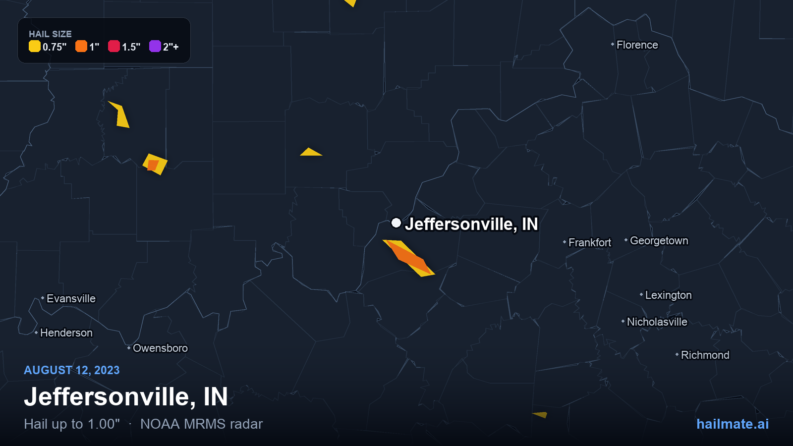 Hail swath map for Jeffersonville, IN on August 12, 2023 showing 1.00 inch hail.