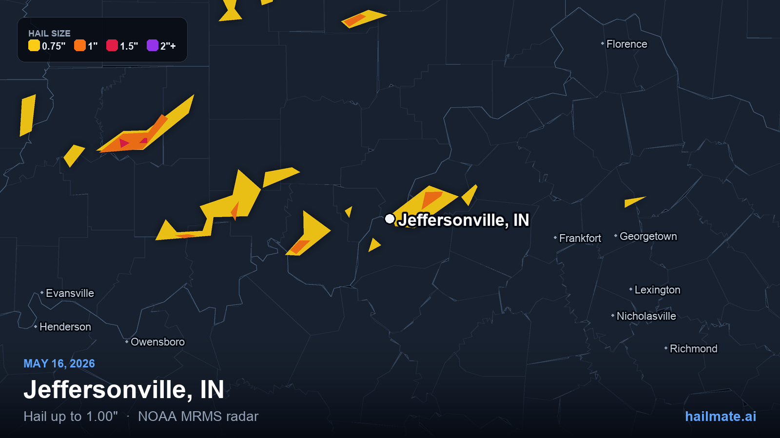 Hail swath map for Jeffersonville, IN on May 16, 2026 showing 1.00 inch hail.