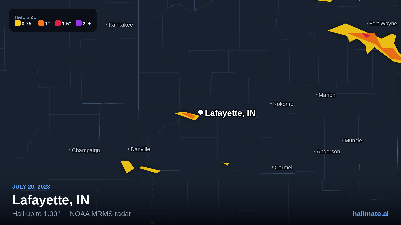 Hail swath map for Lafayette, IN on July 20, 2023 showing 1.00 inch hail.