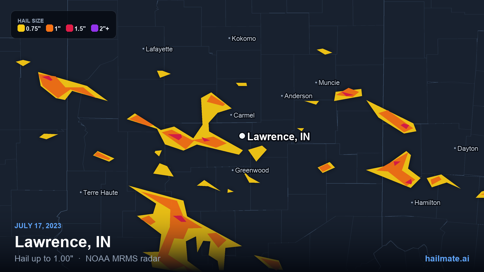Hail swath map for Lawrence, IN on July 17, 2023 showing 1.00 inch hail.