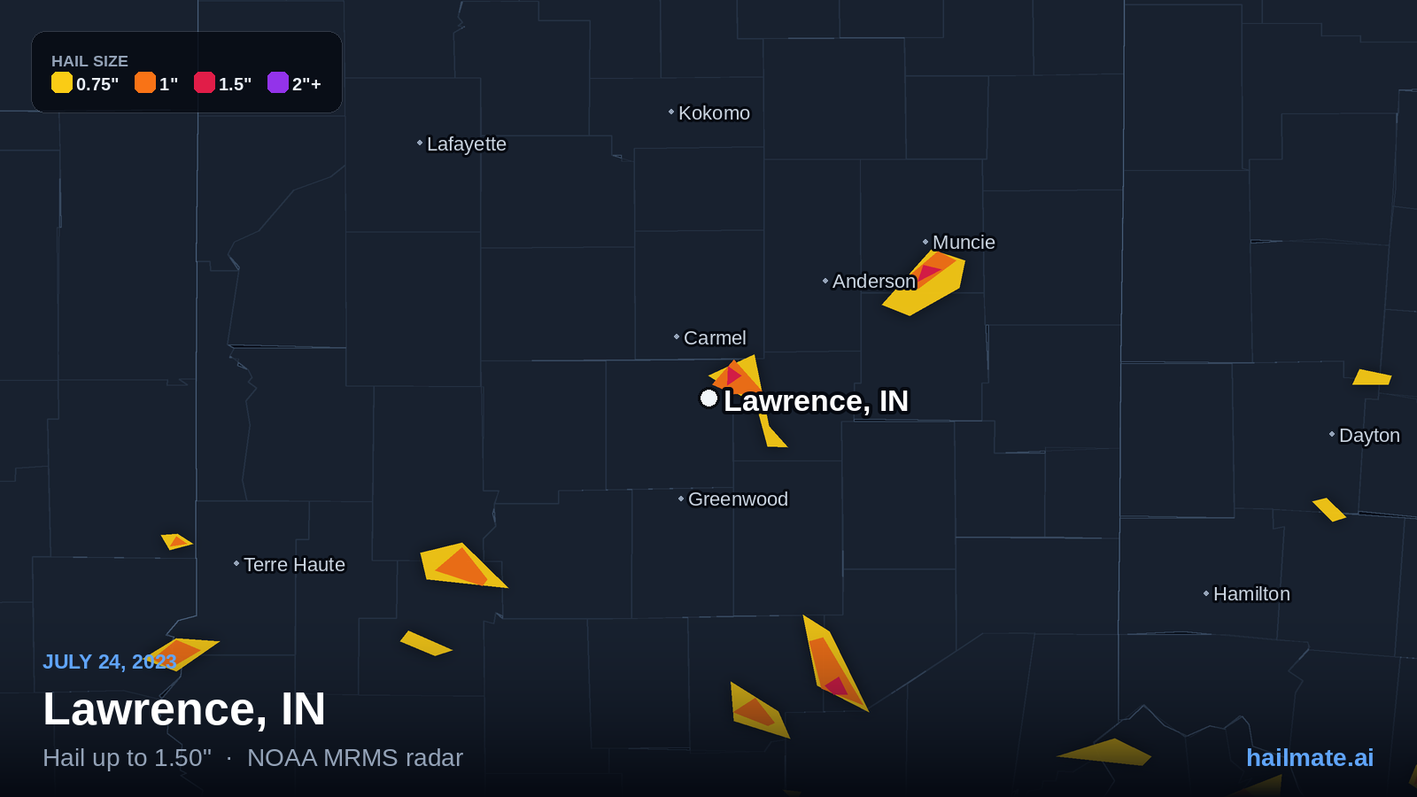 Hail swath map for Lawrence, IN on July 24, 2023 showing 1.50 inch hail.