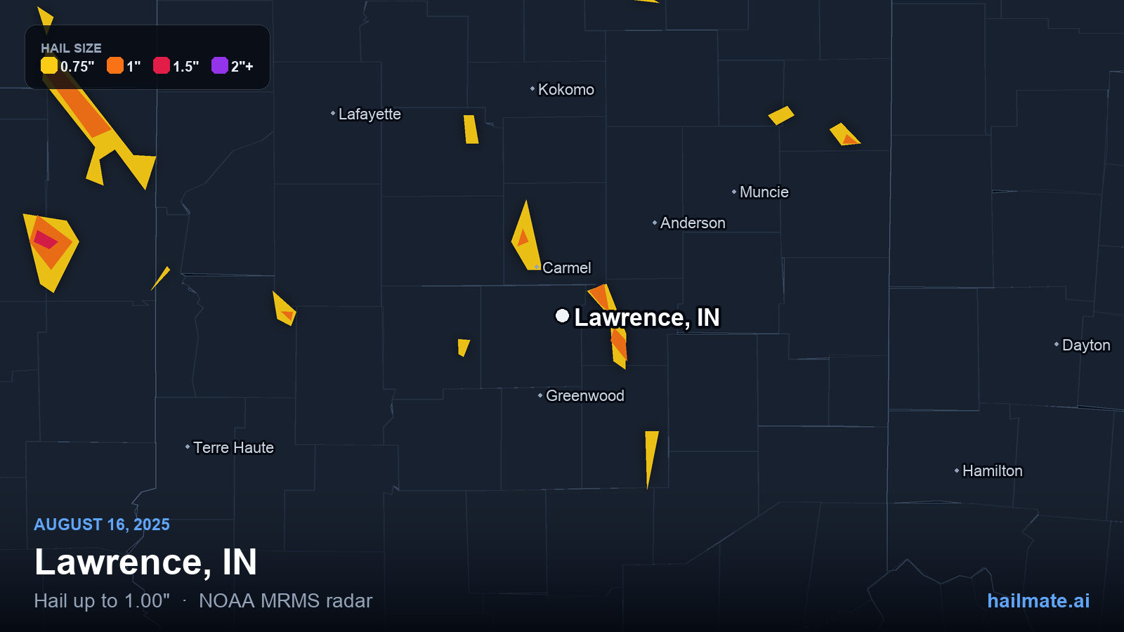 Hail swath map for Lawrence, IN on August 16, 2025 showing 1.00 inch hail.