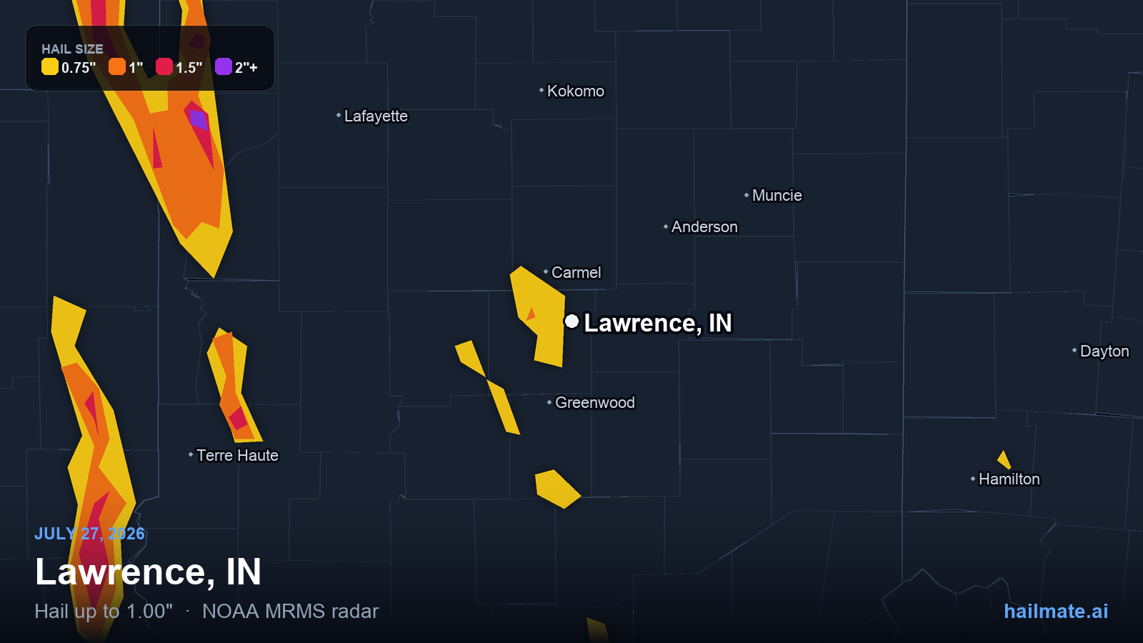 Hail swath map for Lawrence, IN on July 27, 2026 showing 1.00 inch hail.