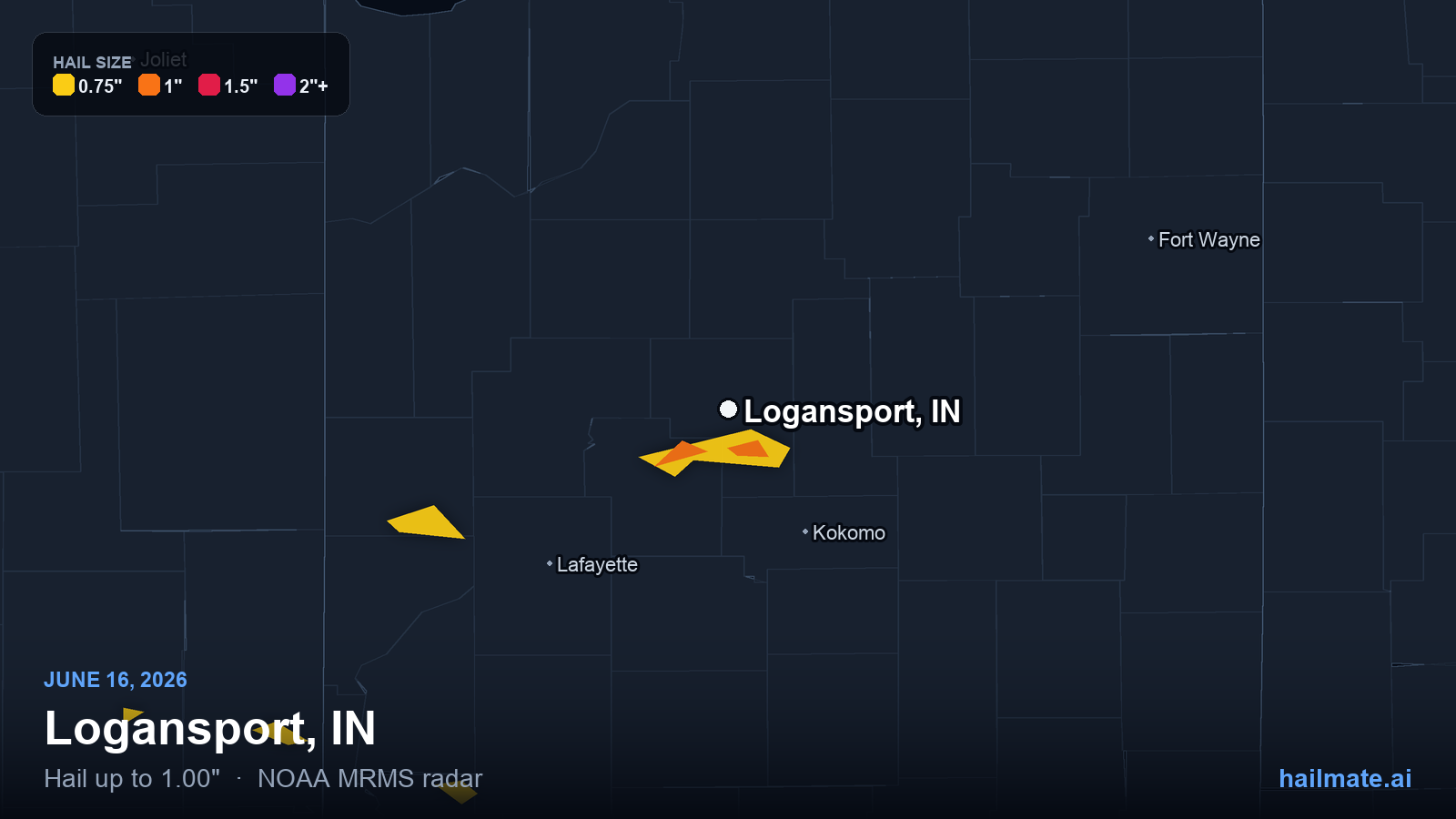 Hail swath map for Logansport, IN on June 16, 2026 showing 1.00 inch hail.