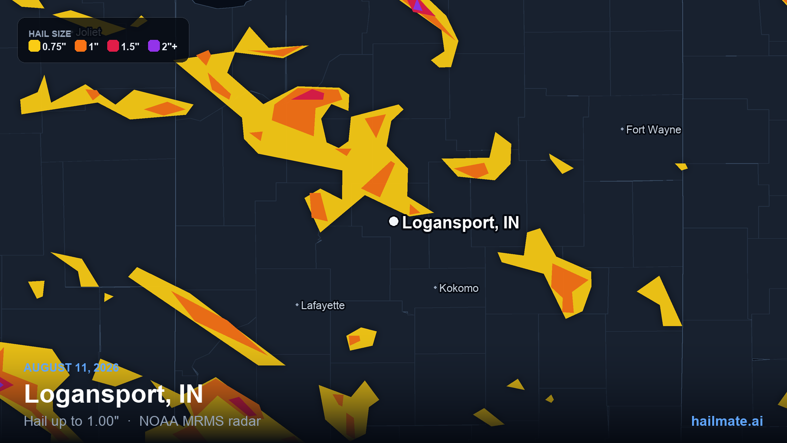 Hail swath map for Logansport, IN on August 11, 2026 showing 1.00 inch hail.