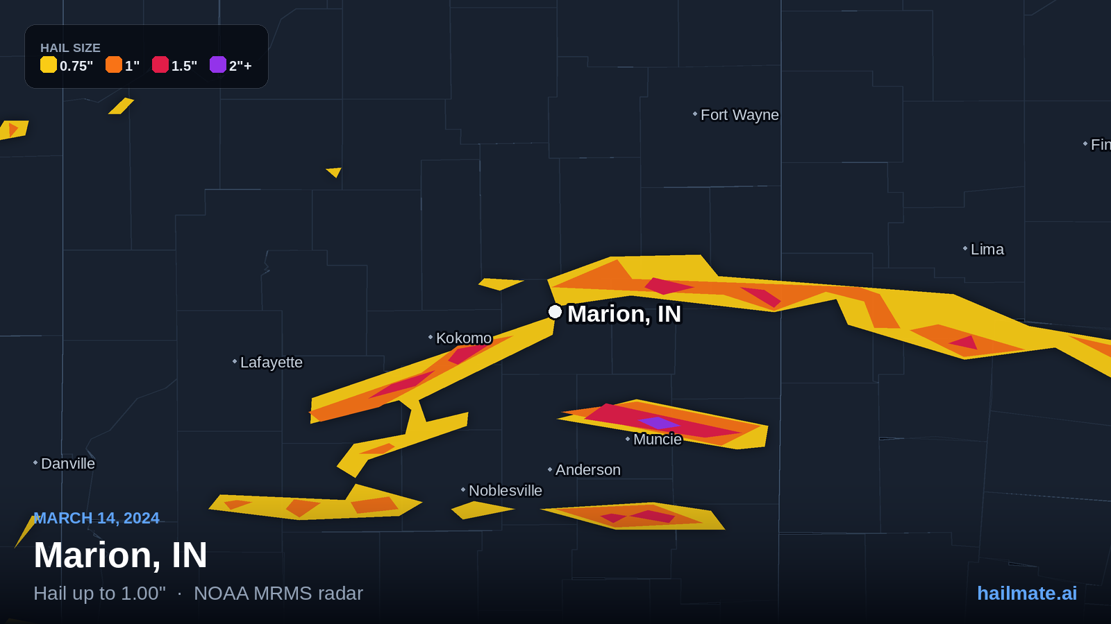 Hail swath map for Marion, IN on March 14, 2024 showing 1.00 inch hail.