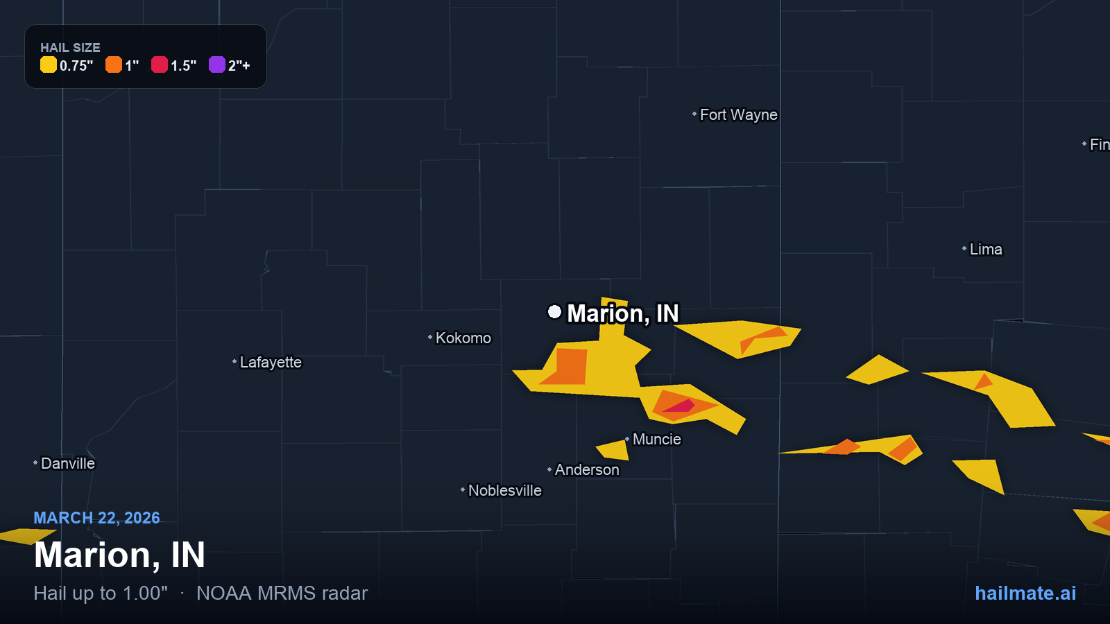 Hail swath map for Marion, IN on March 22, 2026 showing 1.00 inch hail.