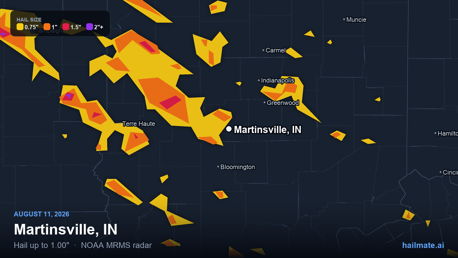 Hail swath map for Martinsville, IN on August 11, 2026 showing 1.00 inch hail.