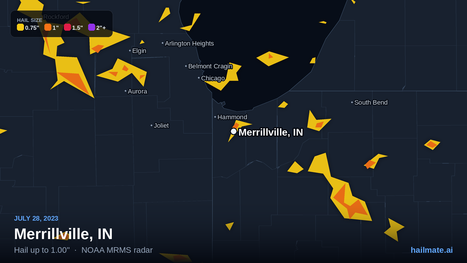 Hail swath map for Merrillville, IN on July 28, 2023 showing 1.00 inch hail.