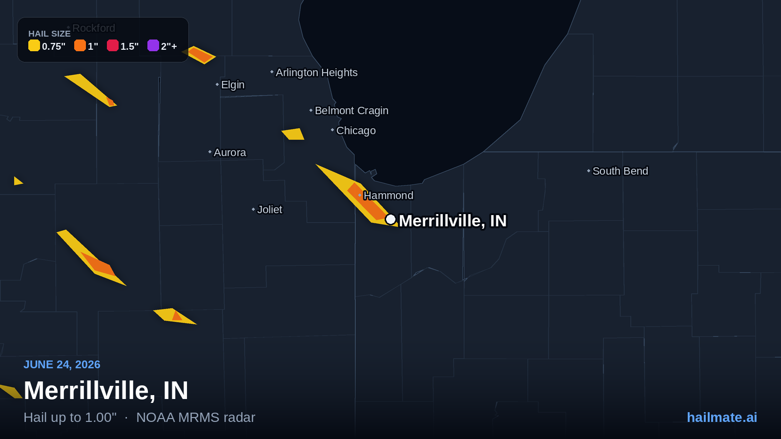 Hail swath map for Merrillville, IN on June 24, 2026 showing 1.00 inch hail.