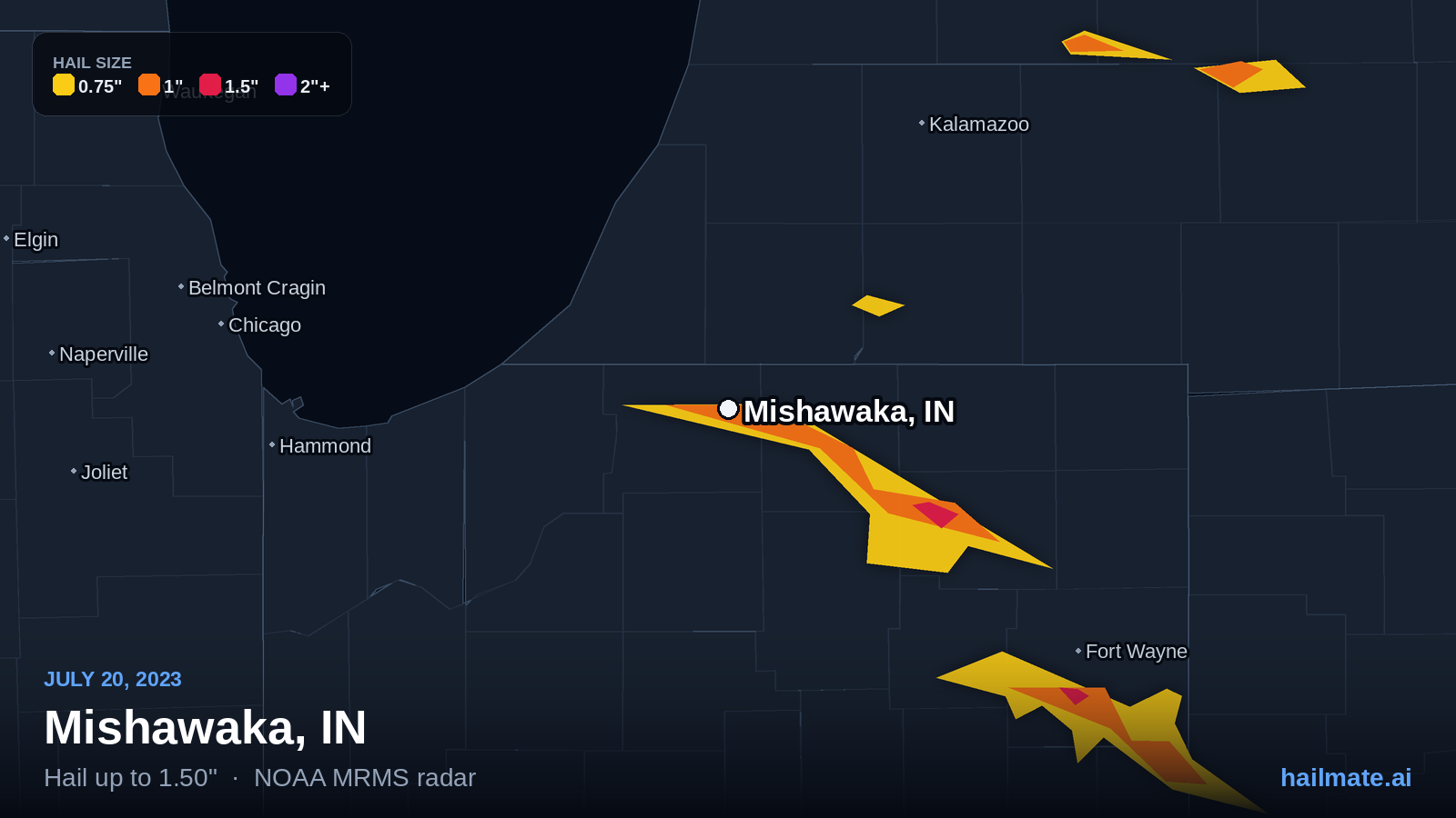 Hail swath map for Mishawaka, IN on July 20, 2023 showing 1.50 inch hail.